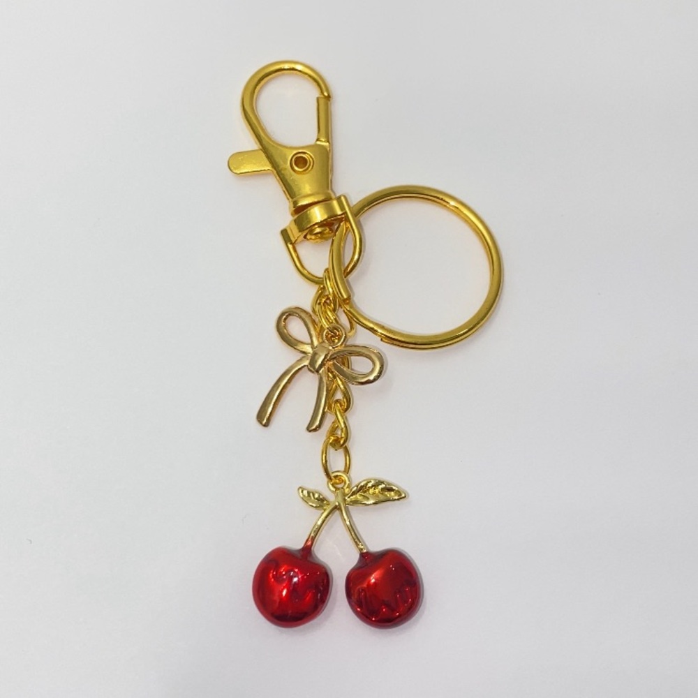 Handmade Cherry Keychain & Bag Charm with Gold Bow 🍒